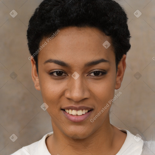 Joyful latino young-adult female with short  black hair and brown eyes