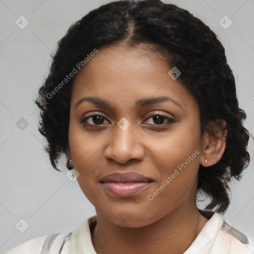 Joyful black young-adult female with medium  black hair and brown eyes