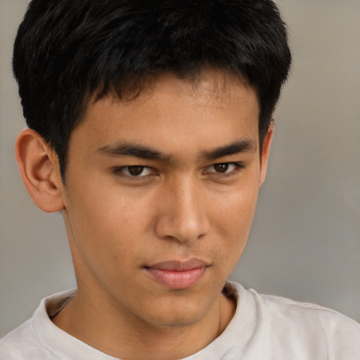 Neutral asian young-adult male with short  brown hair and brown eyes