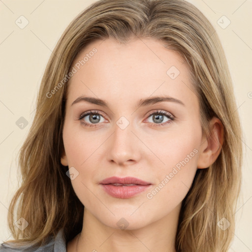 Joyful white young-adult female with long  brown hair and green eyes