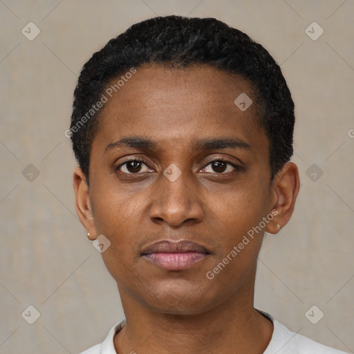 Neutral black young-adult male with short  black hair and brown eyes