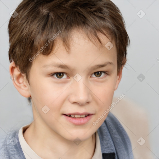 Joyful white child male with short  brown hair and brown eyes