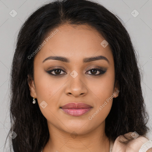 Joyful latino young-adult female with long  brown hair and brown eyes