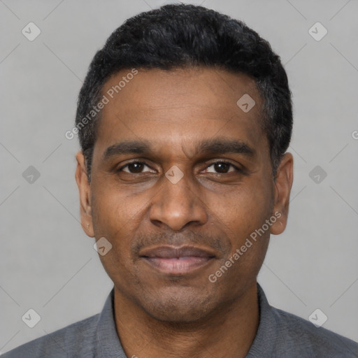 Joyful latino adult male with short  black hair and brown eyes
