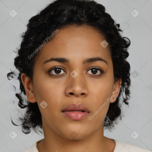 Neutral latino young-adult female with medium  black hair and brown eyes