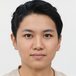 Neutral asian young-adult female with short  black hair and brown eyes