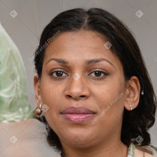 Joyful white adult female with medium  brown hair and brown eyes