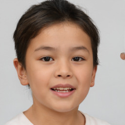 Joyful white child female with short  brown hair and brown eyes