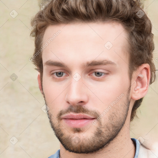 Neutral white young-adult male with short  brown hair and grey eyes