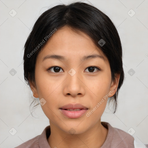 Neutral asian young-adult female with medium  brown hair and brown eyes