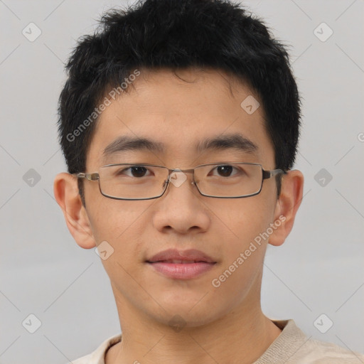 Neutral asian young-adult male with short  brown hair and brown eyes