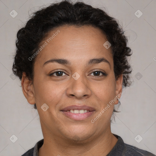 Joyful white adult female with short  brown hair and brown eyes