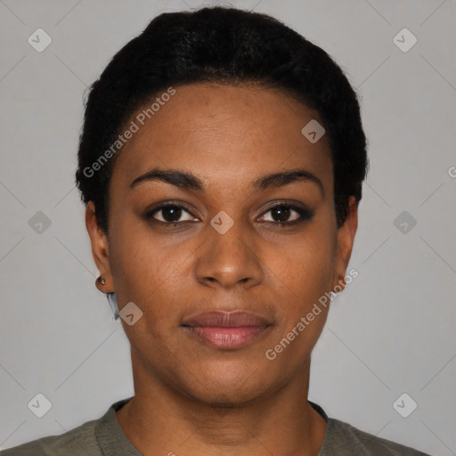 Neutral black young-adult female with short  black hair and brown eyes