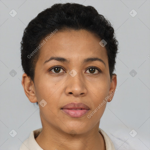 Joyful latino adult female with short  brown hair and brown eyes