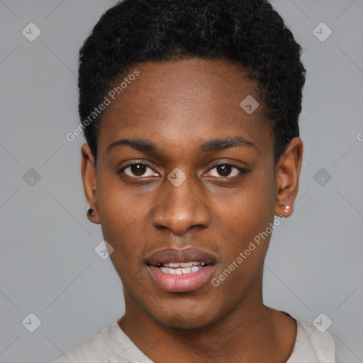 Neutral black young-adult male with short  black hair and brown eyes