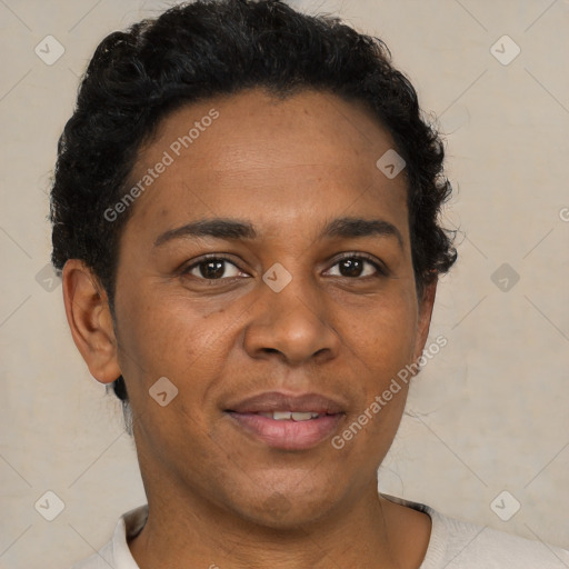 Joyful black adult male with short  brown hair and brown eyes