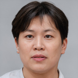 Neutral asian adult female with short  brown hair and brown eyes