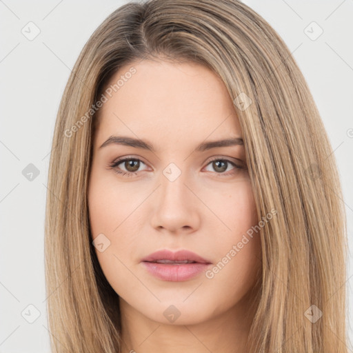 Neutral white young-adult female with long  brown hair and brown eyes