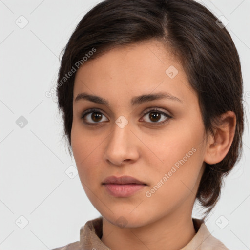 Neutral white young-adult female with medium  brown hair and brown eyes