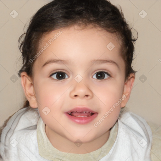 Joyful white child female with short  brown hair and brown eyes