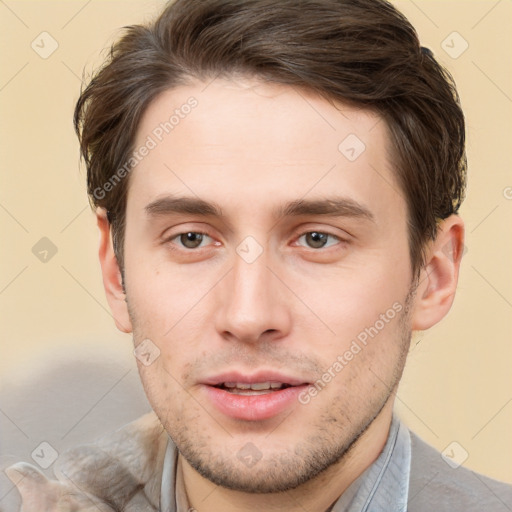 Neutral white young-adult male with short  brown hair and brown eyes