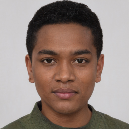 Neutral black young-adult male with short  black hair and brown eyes