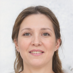 Joyful white adult female with medium  brown hair and grey eyes