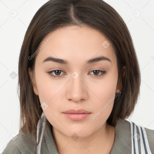 Neutral white young-adult female with medium  brown hair and brown eyes