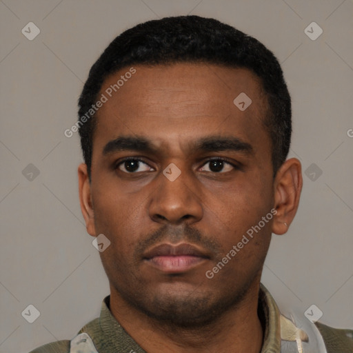 Neutral latino young-adult male with short  black hair and brown eyes