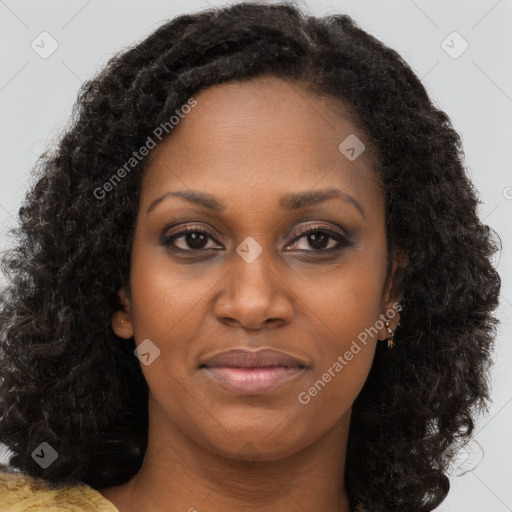 Joyful black young-adult female with long  brown hair and brown eyes