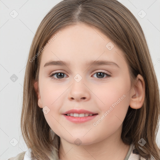 Joyful white child female with medium  brown hair and brown eyes