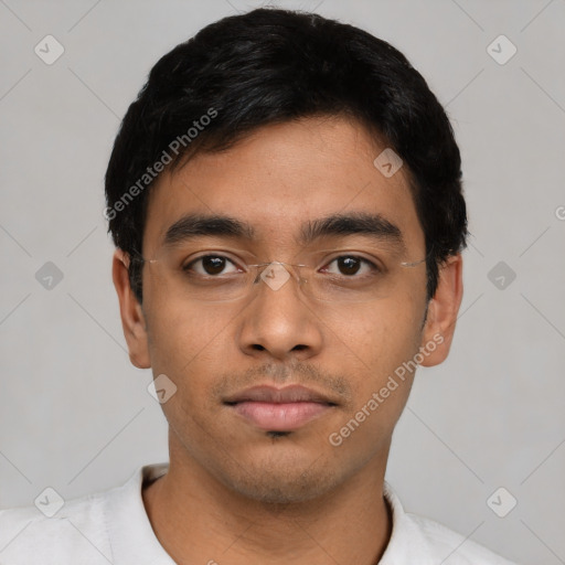 Neutral asian young-adult male with short  black hair and brown eyes