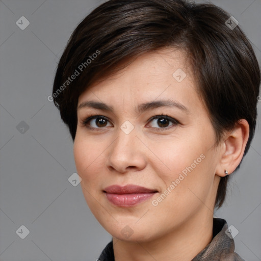 Joyful white young-adult female with medium  brown hair and brown eyes