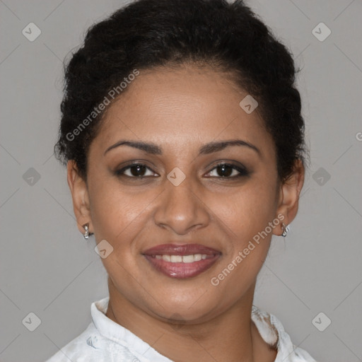 Joyful latino young-adult female with short  brown hair and brown eyes