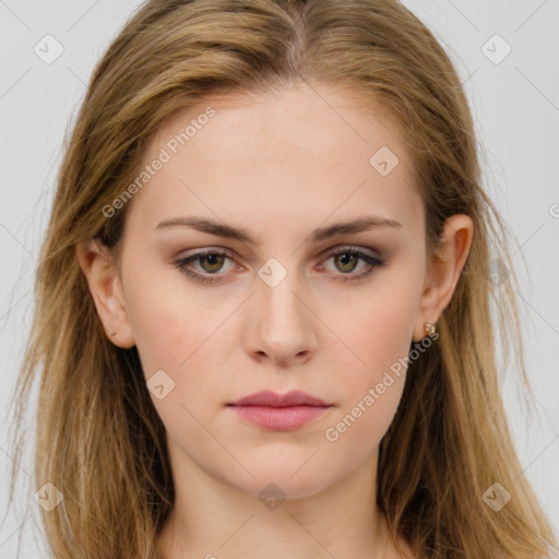 Neutral white young-adult female with long  brown hair and brown eyes