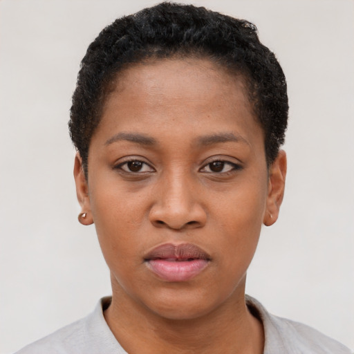 Neutral black young-adult female with short  black hair and brown eyes