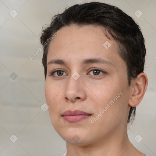 Joyful white young-adult female with short  brown hair and brown eyes