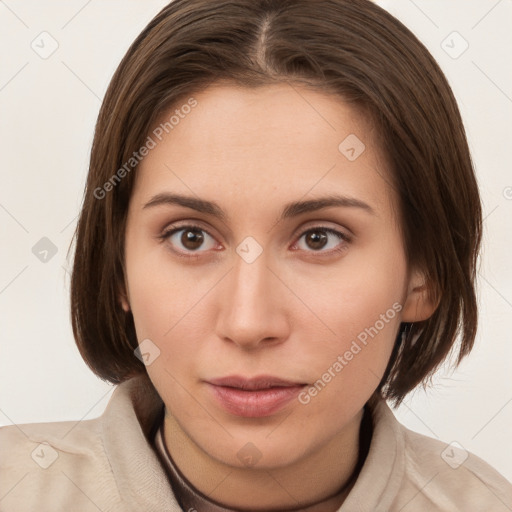 Neutral white young-adult female with long  brown hair and brown eyes