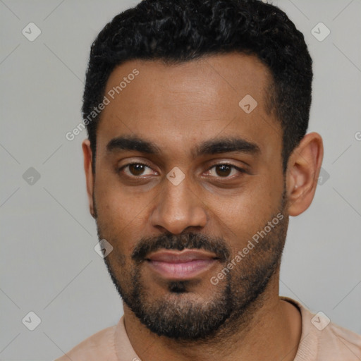 Neutral black young-adult male with short  black hair and brown eyes