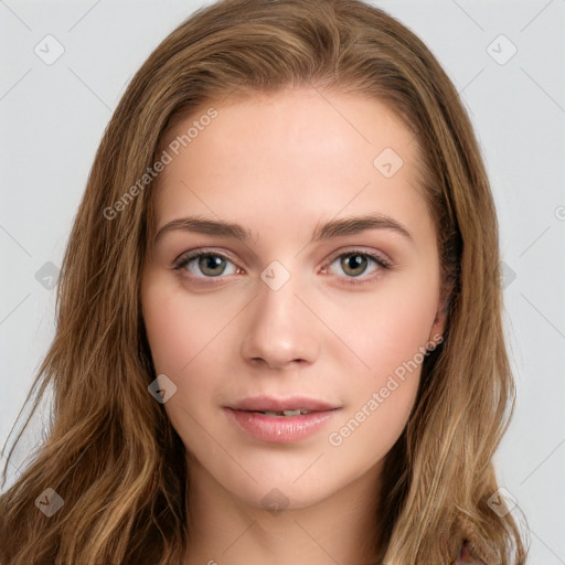 Neutral white young-adult female with long  brown hair and brown eyes