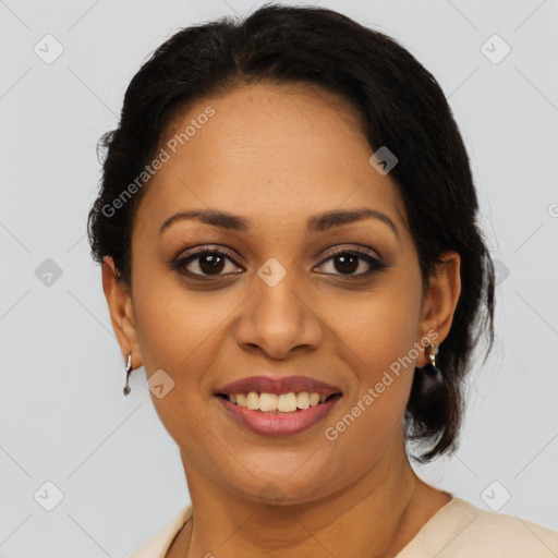 Joyful latino young-adult female with short  brown hair and brown eyes