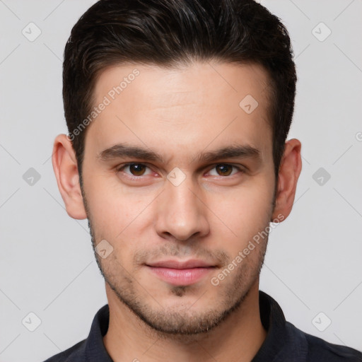 Neutral white young-adult male with short  brown hair and brown eyes