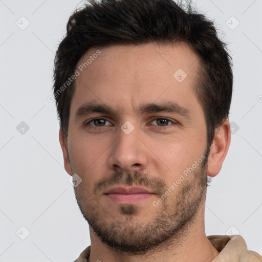 Neutral white young-adult male with short  brown hair and brown eyes