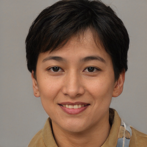 Joyful asian young-adult female with short  brown hair and brown eyes