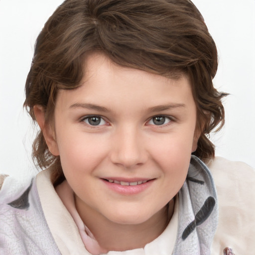 Joyful white child female with medium  brown hair and blue eyes