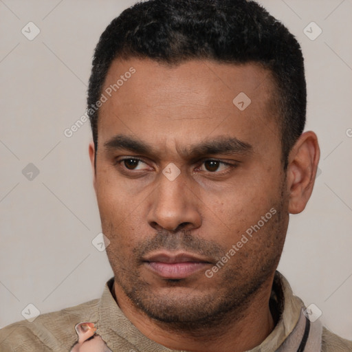 Neutral latino young-adult male with short  black hair and brown eyes