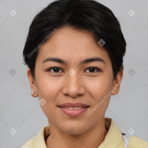 Joyful asian young-adult female with short  brown hair and brown eyes