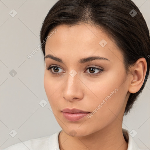 Neutral white young-adult female with medium  brown hair and brown eyes