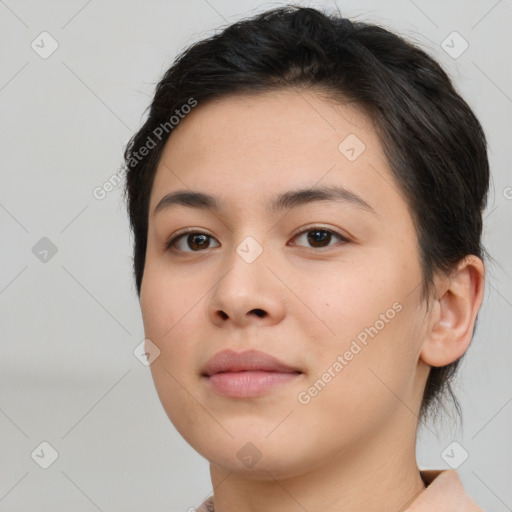 Neutral white young-adult female with medium  brown hair and brown eyes