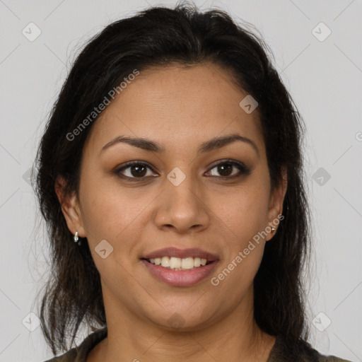 Joyful latino young-adult female with medium  brown hair and brown eyes